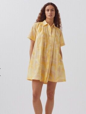 1.STATE Pale Yellow Printed Short Sleeve Shirt Dress Cotton